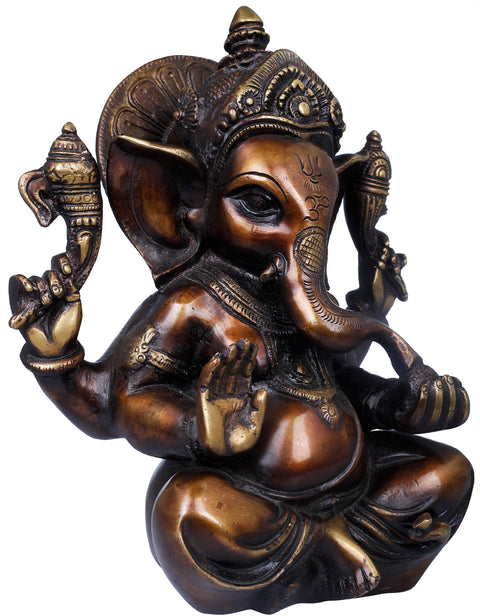 8" Crown Ganesha In Brass | Handmade | Made In India