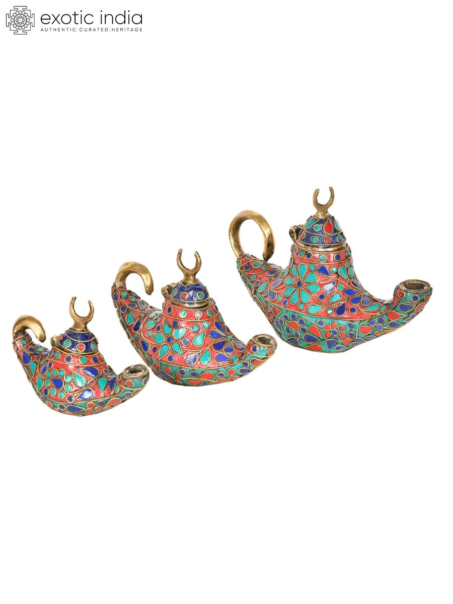 7" Aladdin Magic Chiraag Brass Lamp Set of Three Handmade
