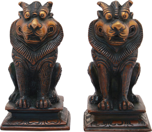 3" Pair of Yali Brass Sculpture Handmade Temple Guardians