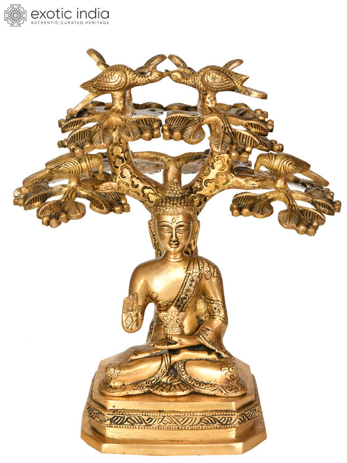 11" Lord Buddha Preaching Under Bodhi Tree Brass Statue