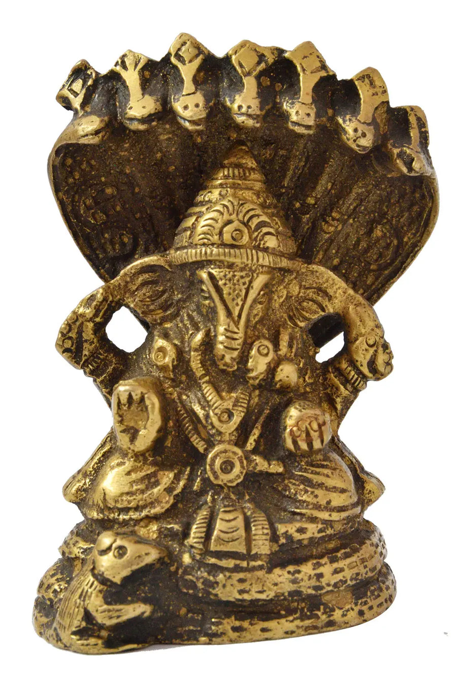 2" Ganesha Brass Idol Under Serpent Canopy Handmade Statue