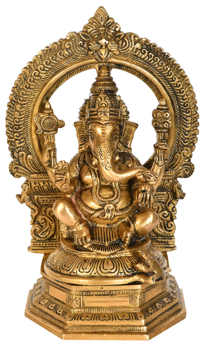 9" Handmade Lord Ganesha Brass Statue with Aureole and Kirtimukha