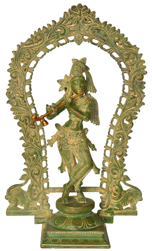 18" Lord Krishna with Aureole Brass Statue Handmade