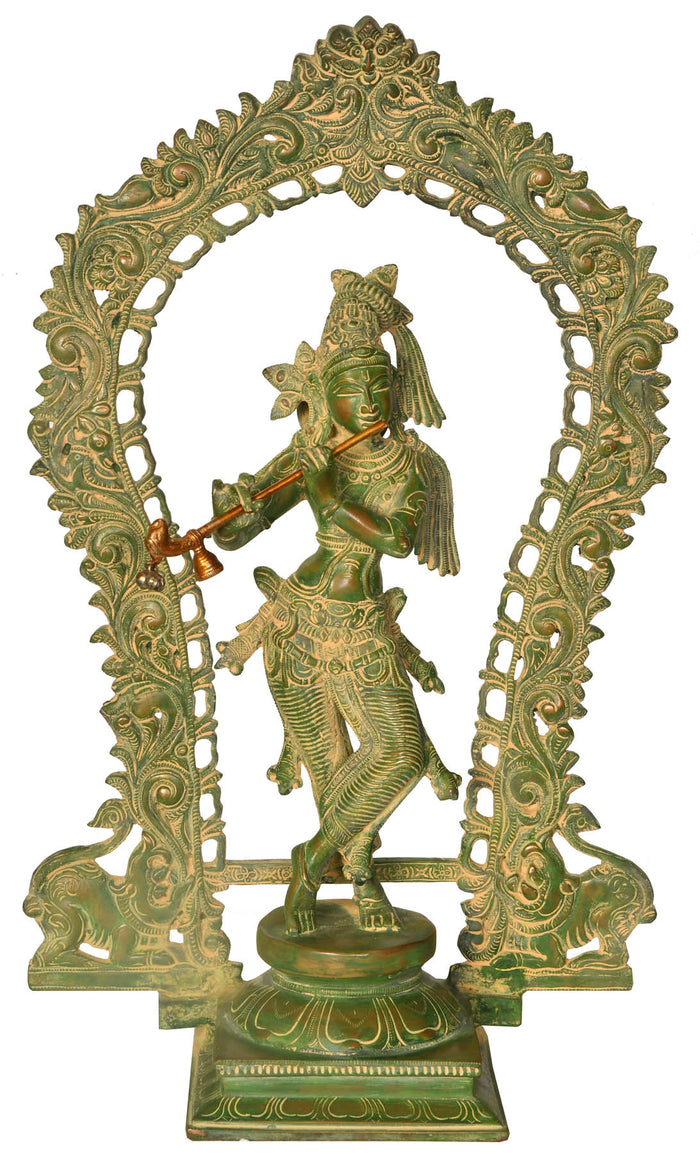 18" Lord Krishna with Aureole Brass Statue Handmade