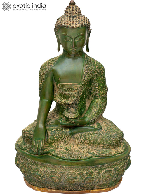 21" Handmade Lord Buddha Mara Vijay Mudra Brass Statue with Carved Robe