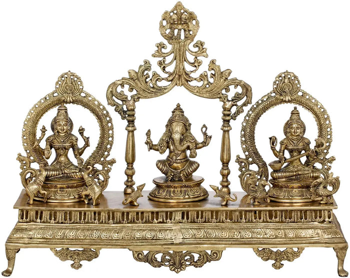 27" Brass Lakshmi Ganesha Saraswati Statue for Home Pooja