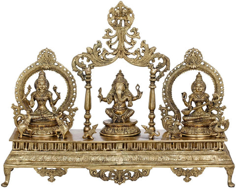 27" Brass Statue of Great Trinity of Lakshmi, Ganesha and Saraswati | Handmade