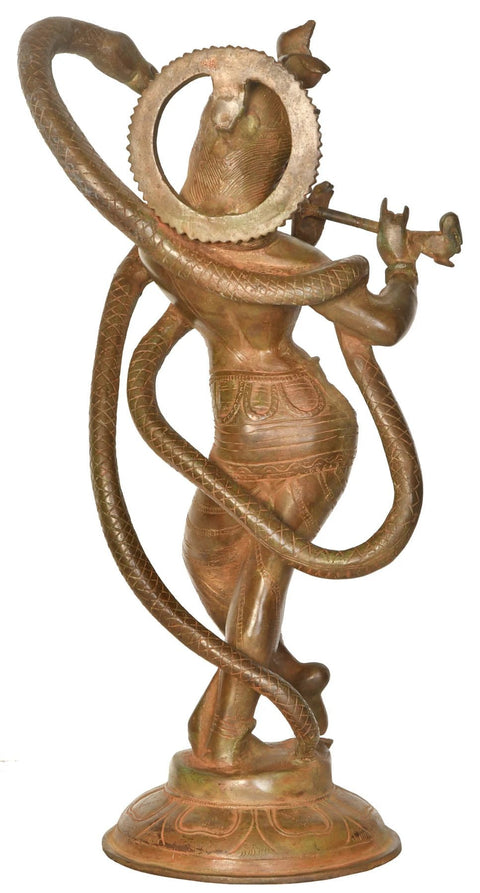 15" Krishna Flanked by the Snake Ananta In Brass | Handmade | Made In India