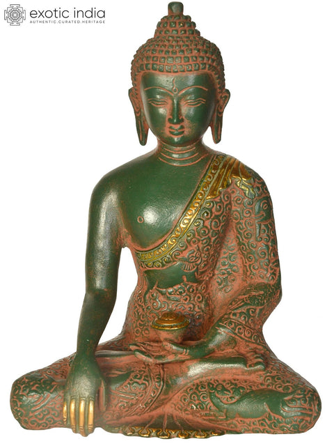 8" Brass Lord Buddha Idol in Earth Touching Gesture Wearing a Carved Robe