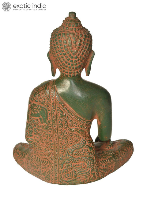 8" Brass Lord Buddha Idol in Earth Touching Gesture Wearing a Carved Robe