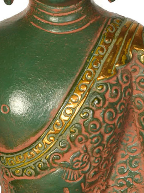 8" Brass Lord Buddha Idol in Earth Touching Gesture Wearing a Carved Robe