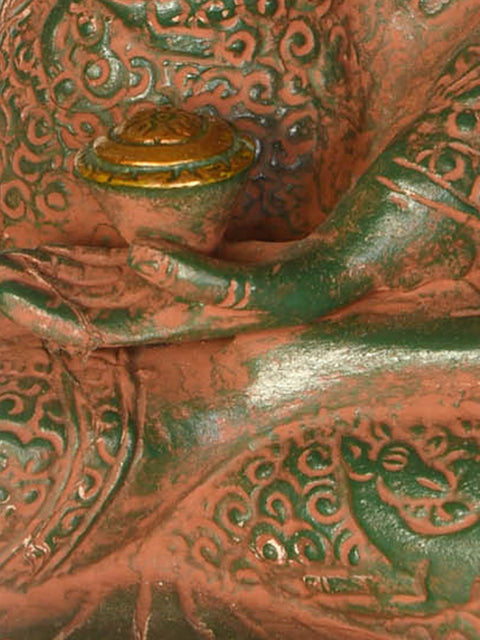 8" Brass Lord Buddha Idol in Earth Touching Gesture Wearing a Carved Robe