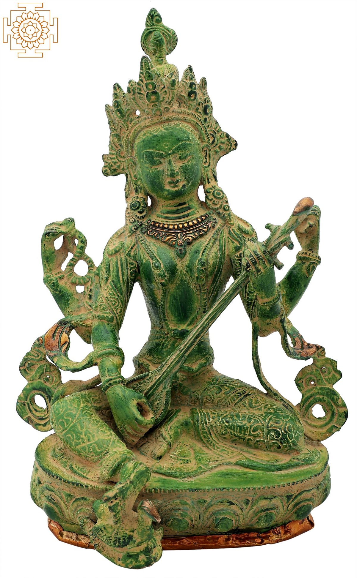 12" Seated Chaturbhujadharini Saraswati Brass Idol, Nepalese Iconography