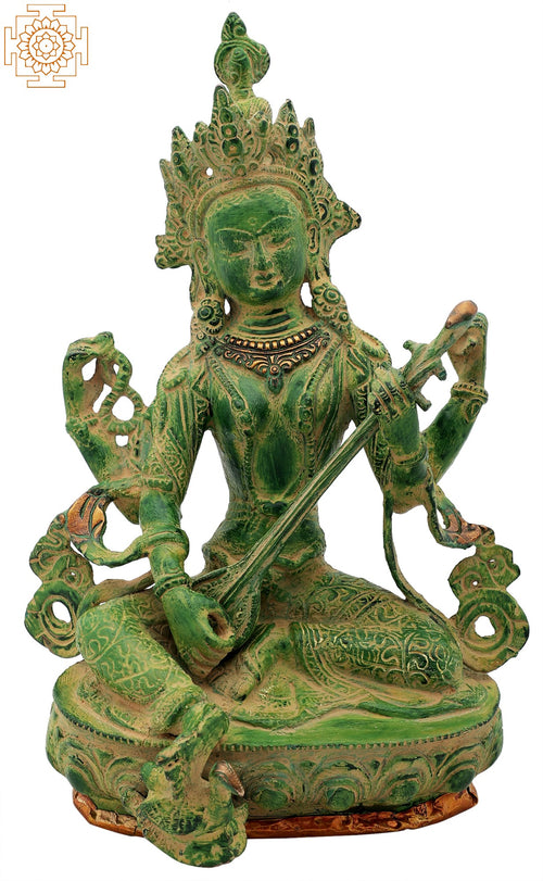 12" Seated Chaturbhujadharini Saraswati Brass Statue Nepalese