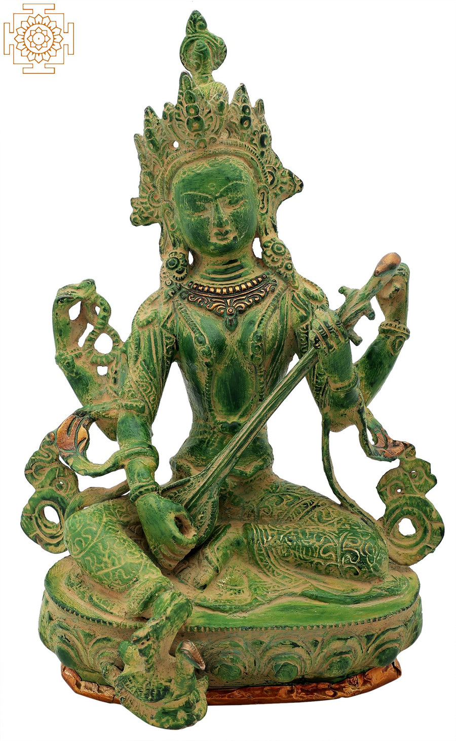 12" Seated Chaturbhujadharini Saraswati Brass Statue Nepalese