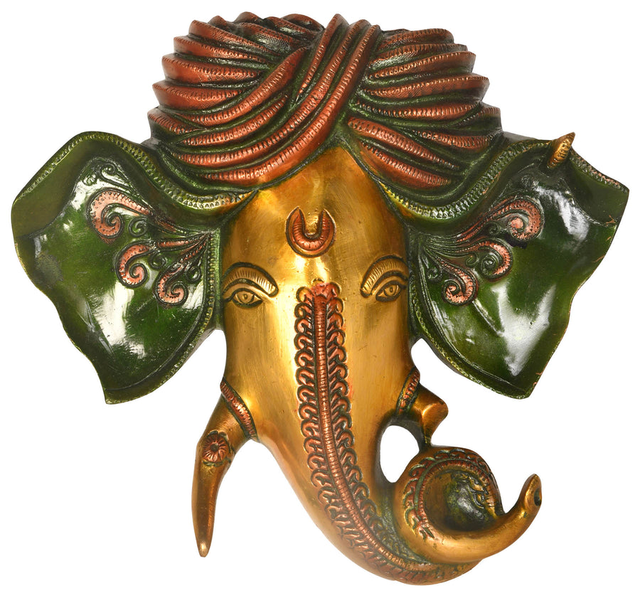 9" Turbaned Ganesha Brass Wall Hanging Mask Handmade