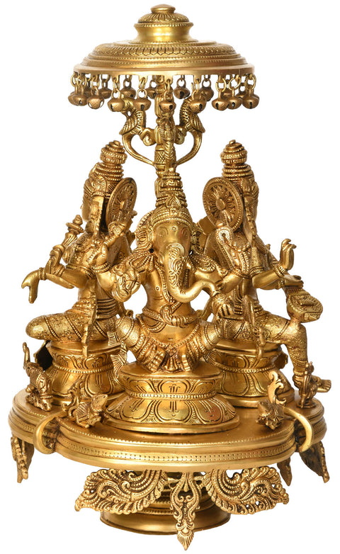 16" Lakshmi, Ganesha and Saraswati Seated on Moving Chowki with Parasol In Brass | Handmade | Made In India