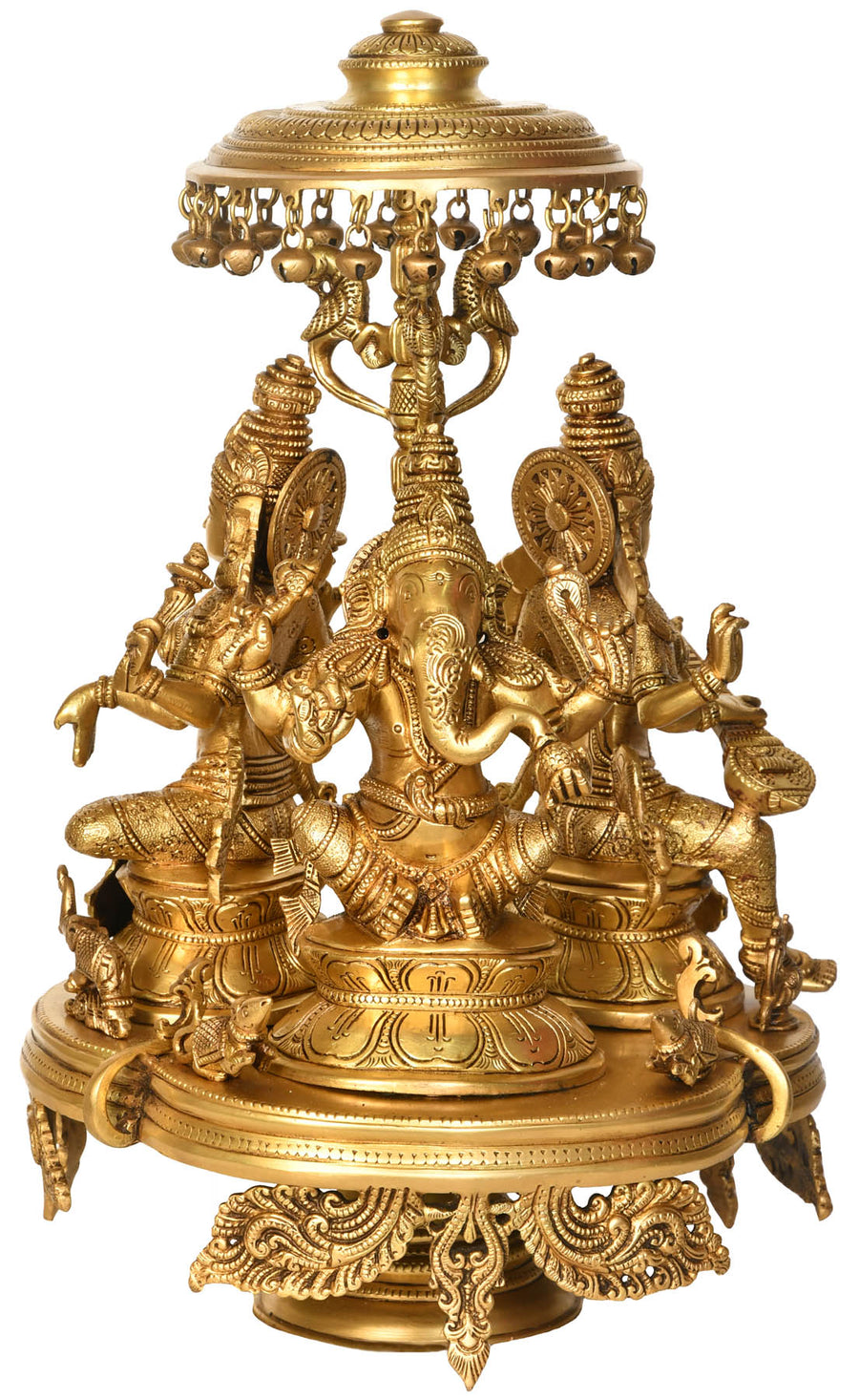 16" Brass Lakshmi Ganesha Saraswati Idol with Chowki and Parasol