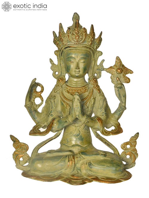 10" Handmade Brass Chenrezig Four-Armed Avalokiteshvara Statue