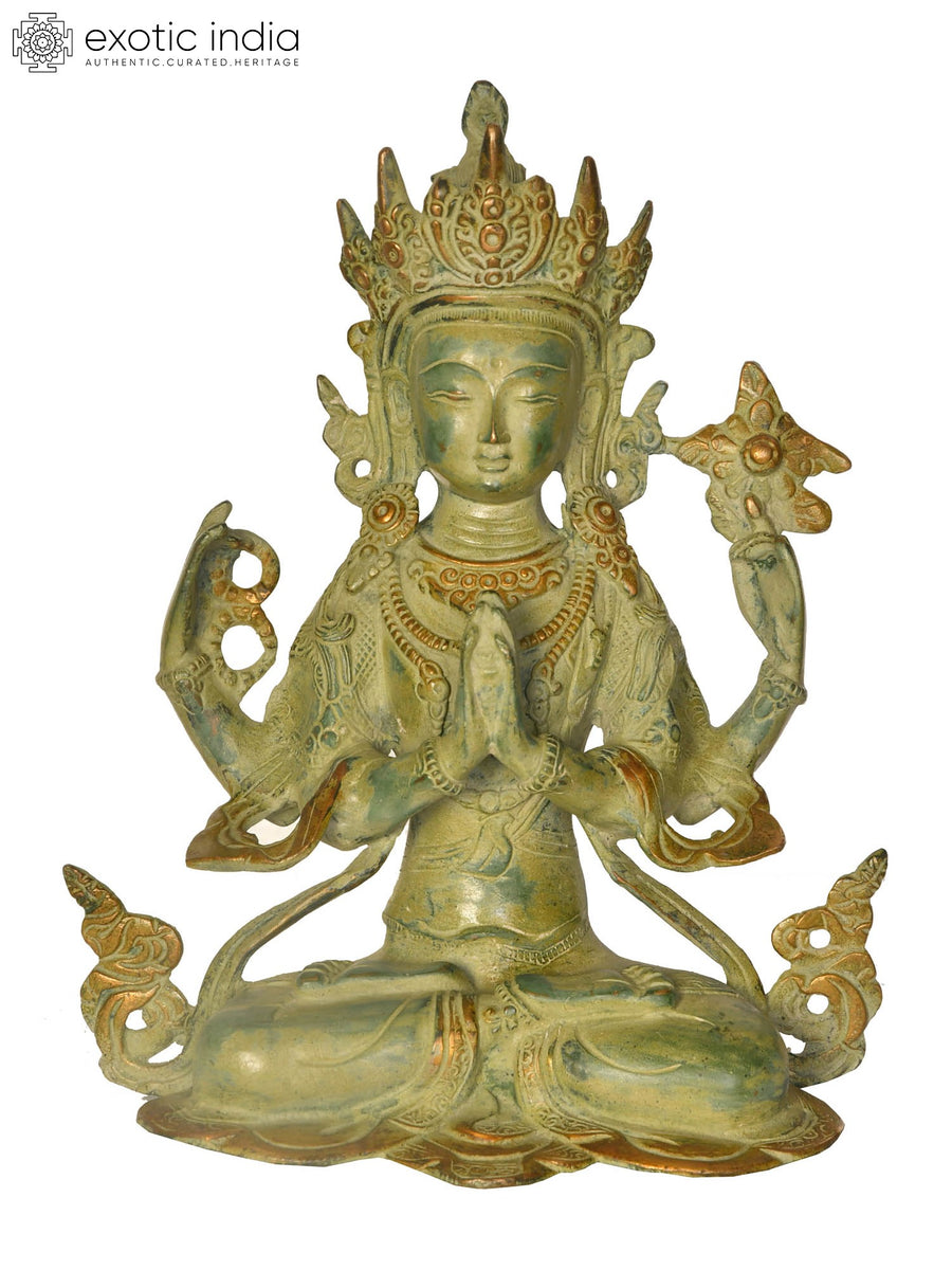 10" Handmade Brass Chenrezig Four-Armed Avalokiteshvara Statue