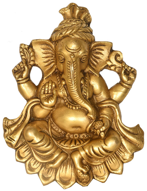 10" Kamalasana Ganesha Wall Hanging (Flat Statue) In Brass | Handmade | Made In India