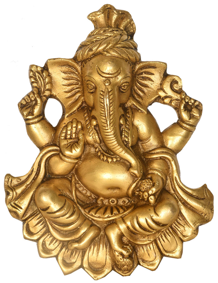 10" Kamalasana Ganesha Brass Wall Hanging Statue Handmade