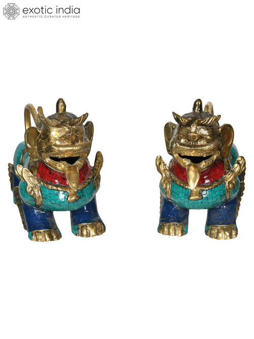 12" Leonine Temple Guards Brass Statue Set Handmade
