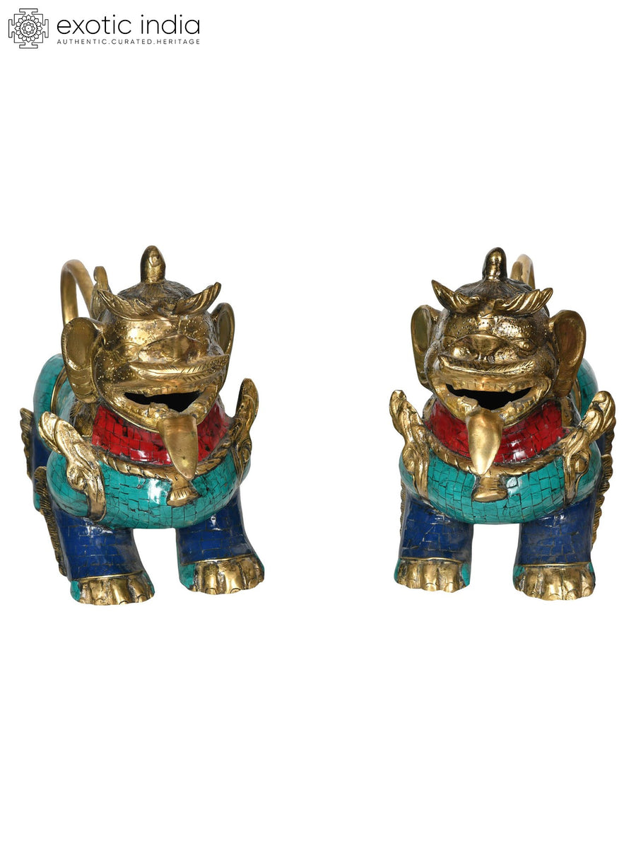 12" Leonine Temple Guards Brass Statue Set Handmade