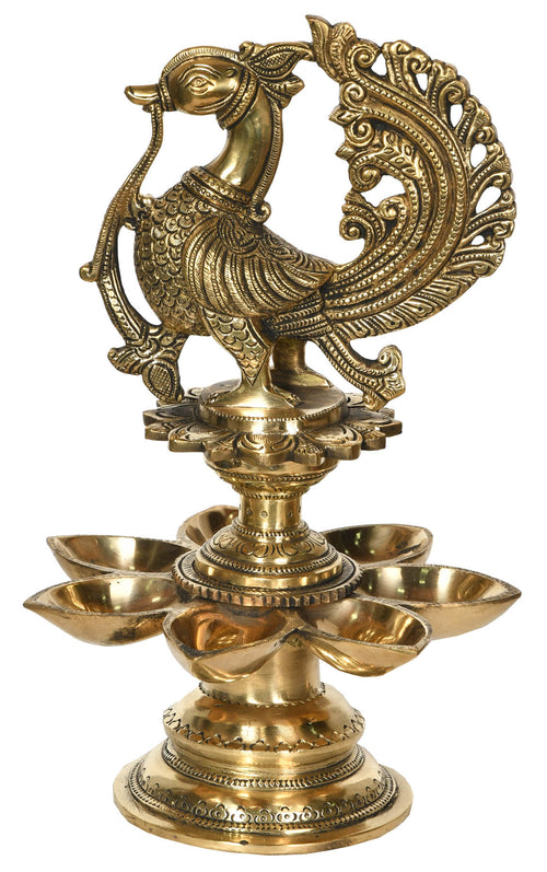 11" Handmade Seven Wick Peacock Brass Lamp