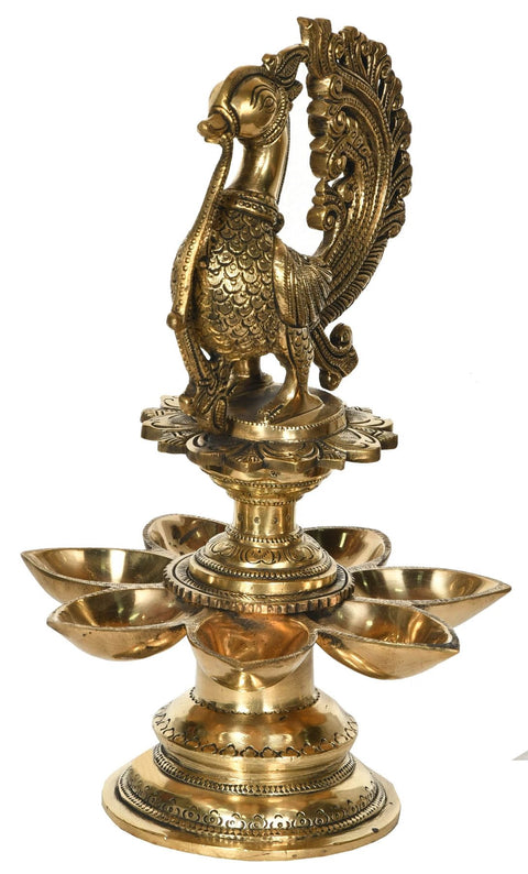 11" Seven Wick Peacock Lamp in Brass | Handmade | Made in India