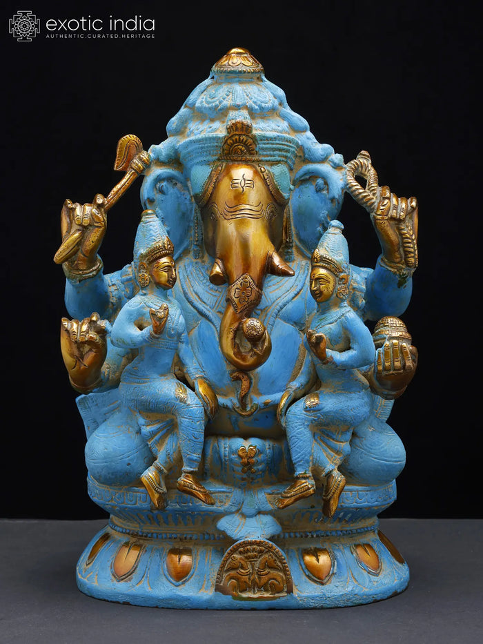 12" Ganesha with Riddhi Siddhi Handmade Brass Statue