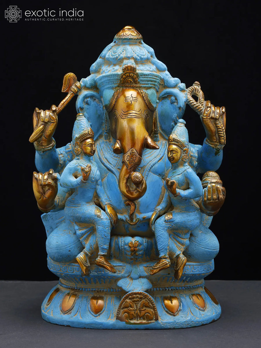 12" Ganesha with Riddhi Siddhi Handmade Brass Statue