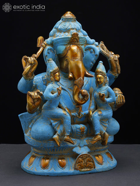 12" Ganesha Statue with Riddhi Siddhi | Handmade Brass Statue | Made in India