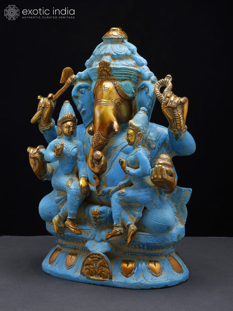 12" Ganesha Statue with Riddhi Siddhi | Handmade Brass Statue | Made in India