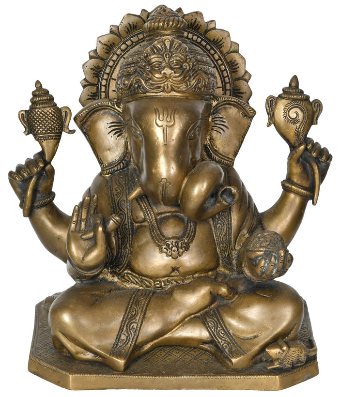 9" Ganesha Brass Statue with Kirtimukha Crown Handmade