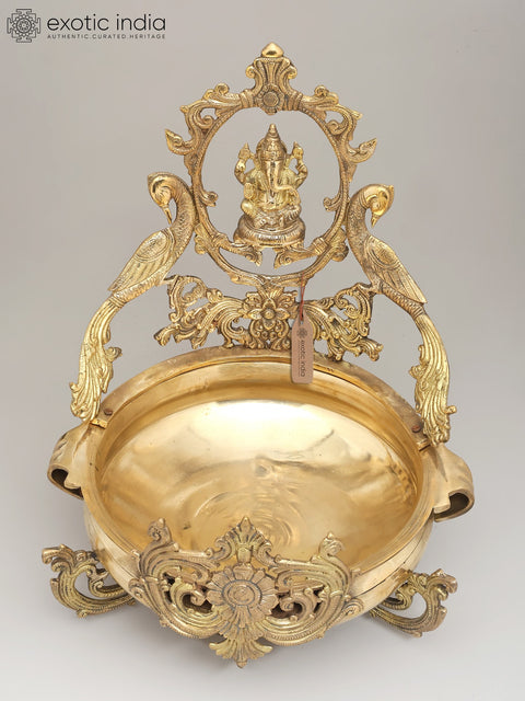 20" Designer Lord Ganesha Urli in Brass with Peacocks | Handmade | Made In India