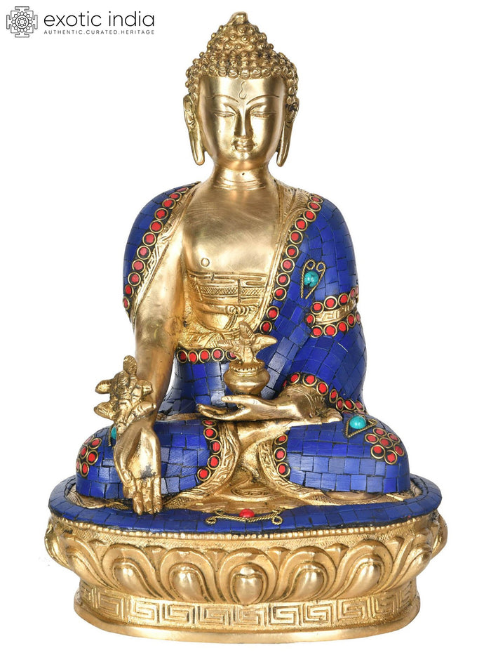 12" Lapis Healing Buddha Brass Statue Handmade