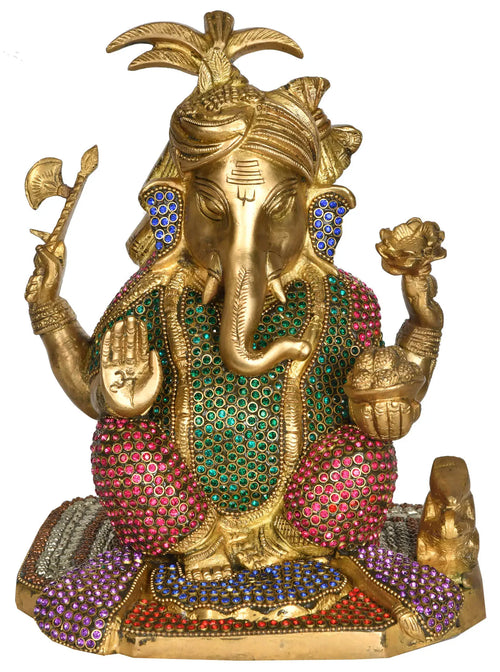 9" Handmade Decorated Ganesha Brass Idol with Turban