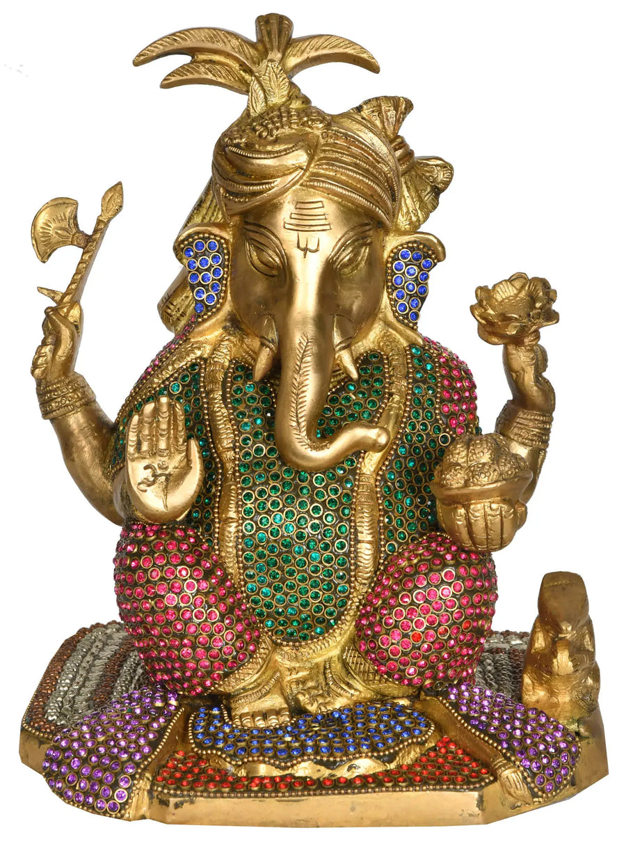 9" Handmade Decorated Ganesha Brass Idol with Turban