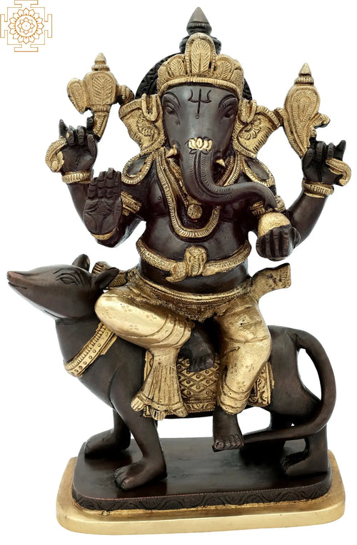 10" Handmade Brass Lord Ganesha Seated on Rat Idol