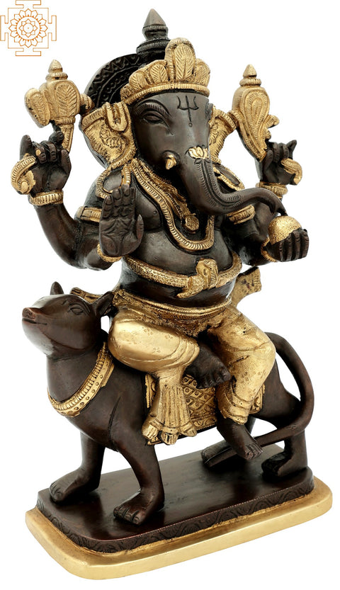 10" Lord Ganesha Idol Seated on Rat | Handmade Brass Figurines | Made in India