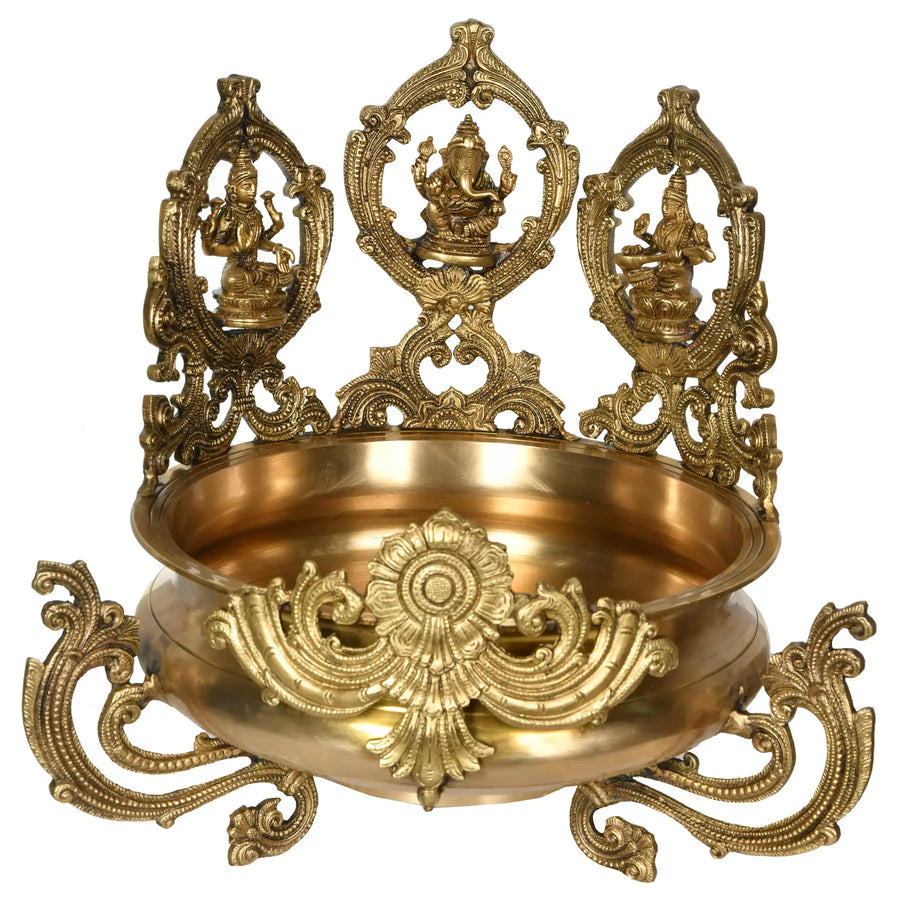 15" Brass Urli with Lakshmi Ganesha Saraswati Handmade Statue
