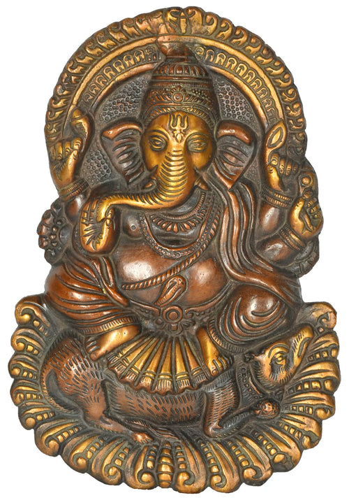 9" Brass Ganesha on Rat Wall Hanging Statue Handmade