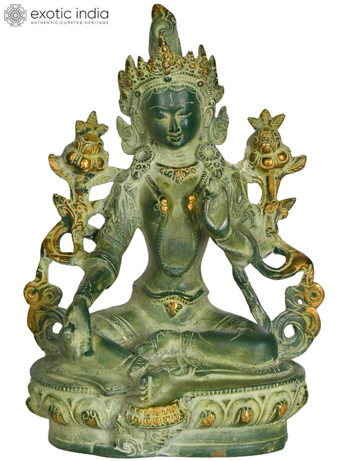 8" Brass Green Tara Goddess Statue for Buddhist Home Decor