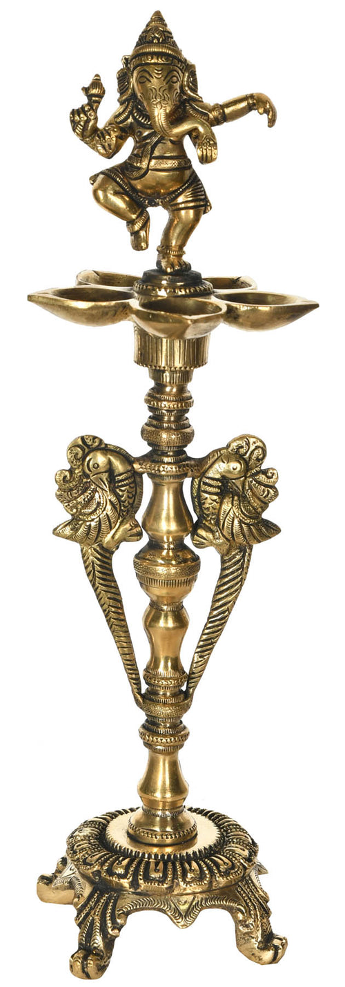 12" Dancing Ganesha Brass Five Wick Oil Lamp Handmade