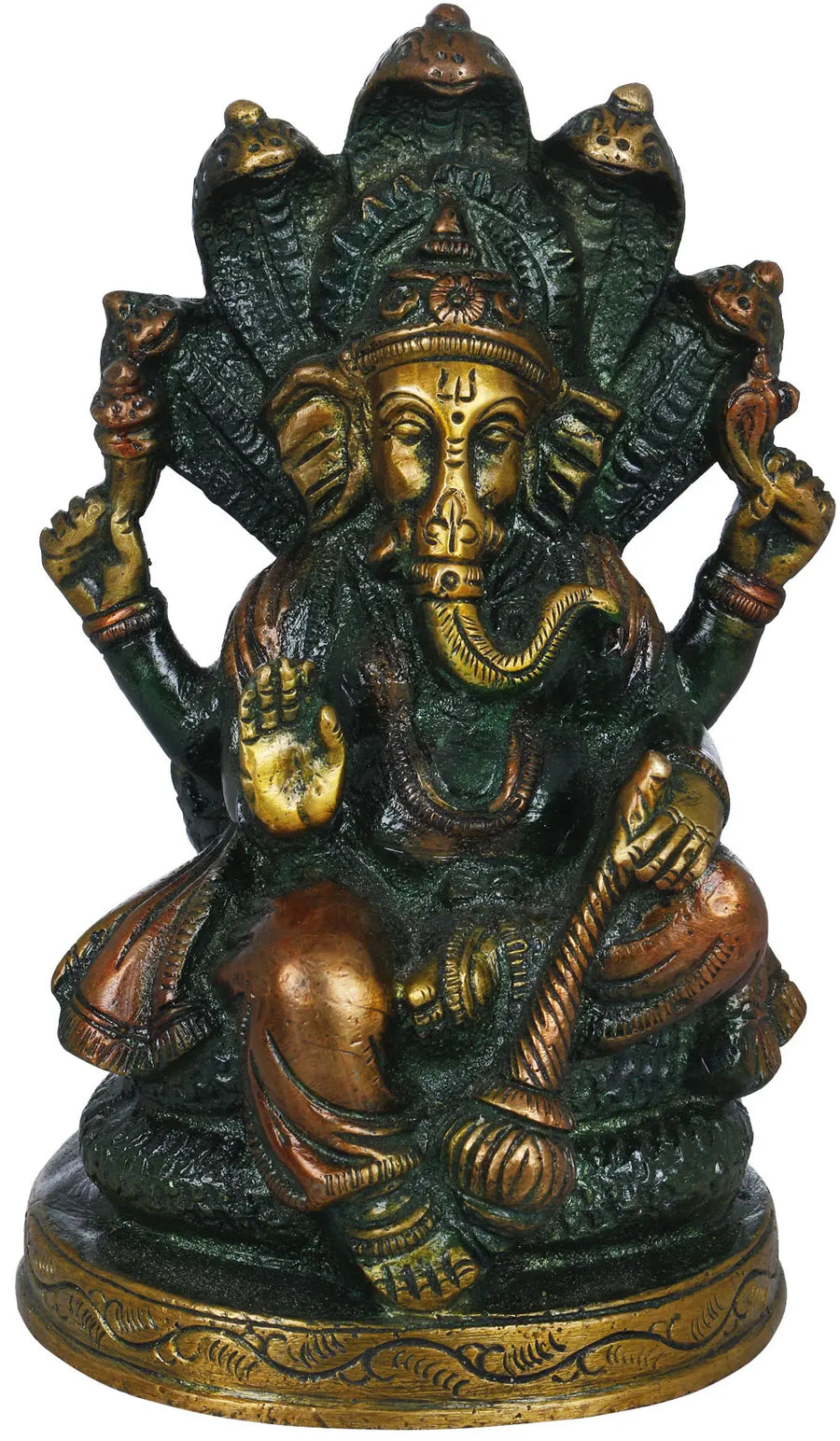 5" Lord Ganesha Seated on Sheshanaga Brass Idol Handmade