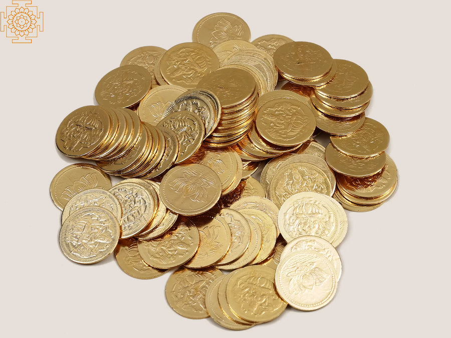 108 Brass Coins Lakshmi Puja Set with Lotus Images