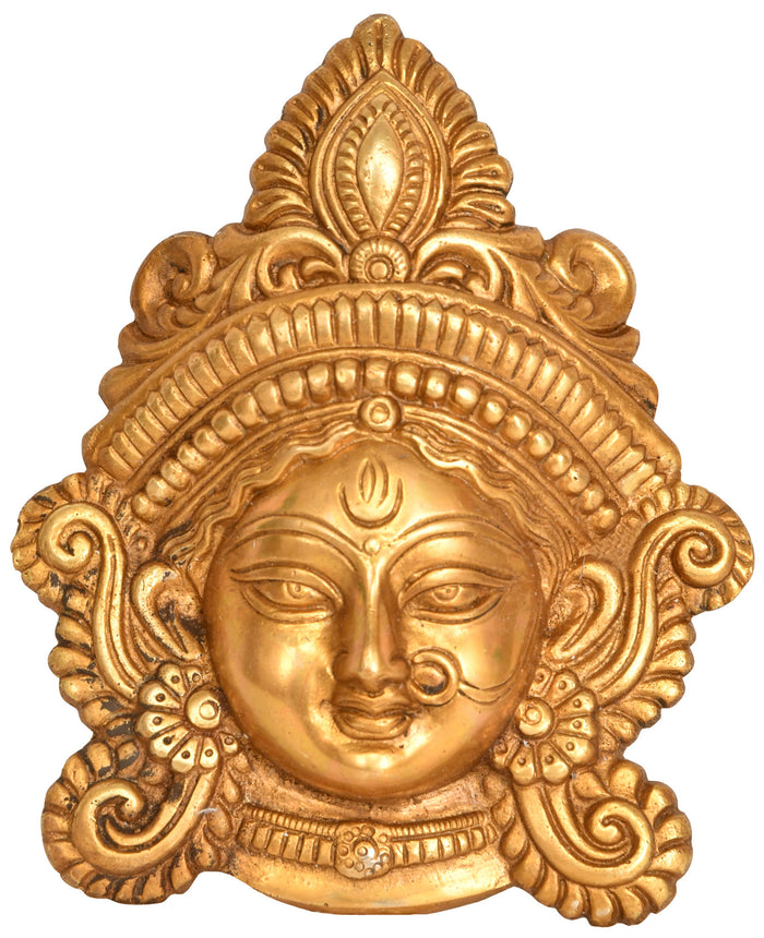 7" Goddess Durga Wearing A Nose ring - Wall Hanging Mask In Brass | Handmade | Made In India