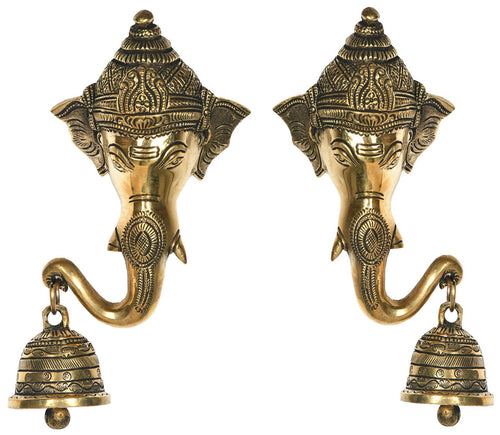 8" Pair of Ganesha Brass Masks with Bell Wall Hanging Handmade