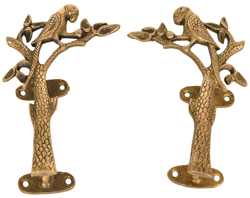 Brass Parrot on Tree Door Handle Pair